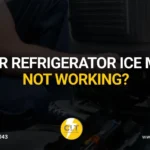 A blurred, close-up image of an appliance repair technician working on a refrigerator's internal components. The overlaid text asks, "Is Your Refrigerator Ice Maker Not Working?".