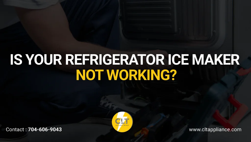 A blurred, close-up image of an appliance repair technician working on a refrigerator's internal components. The overlaid text asks, "Is Your Refrigerator Ice Maker Not Working?".