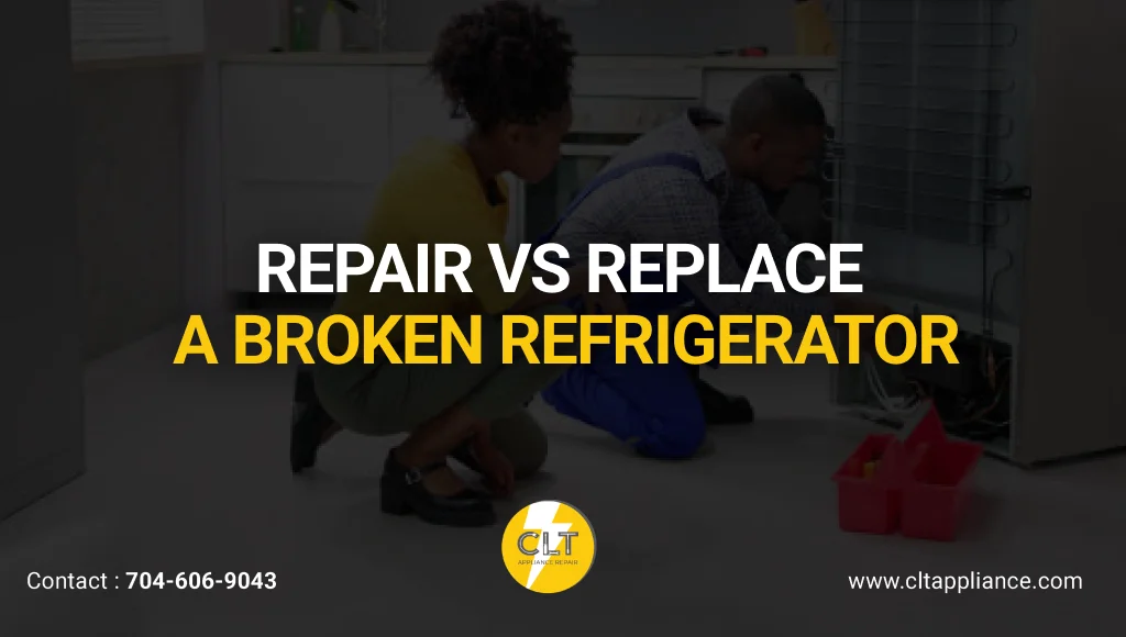 A dark, overlaid image shows a woman and an appliance repair technician inspecting a broken refrigerator in a kitchen. The title "Repair vs Replace a Broken Refrigerator" is prominently displayed in the center.
