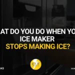 A dark, close-up image of a person opening the ice dispenser on a modern refrigerator. The overlaid text asks, "WHAT DO YOU DO WHEN YOUR ICE MAKER STOPS MAKING ICE?".