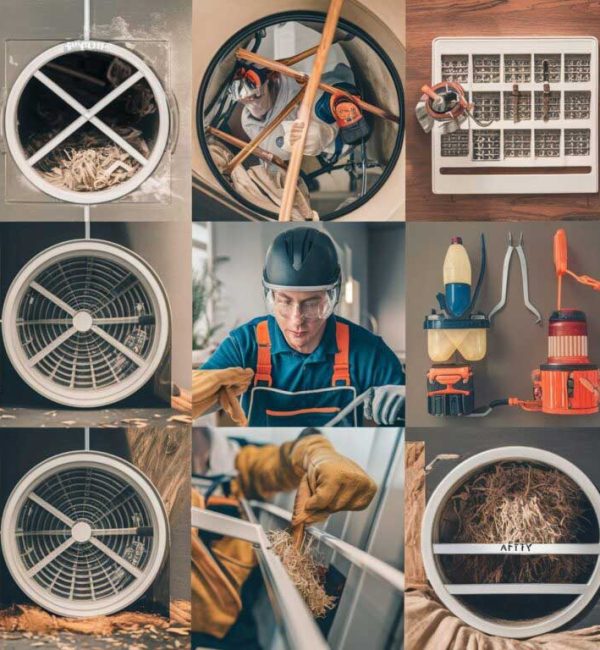 a professional grid image of dryer photos with repairing expert photo in center indicating expert dryer repairing services.